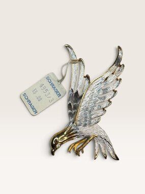 Schrager Vintage 1960s Gold Tone Soaring Eagle Rhinestone Brooch With Tag 2.45"